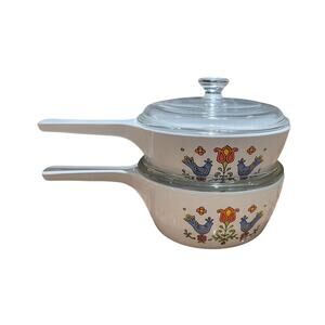 Vintage Corning Ware Country Festival Blue Bird Skillet w/Lids (P-81-B & P-82-B)
